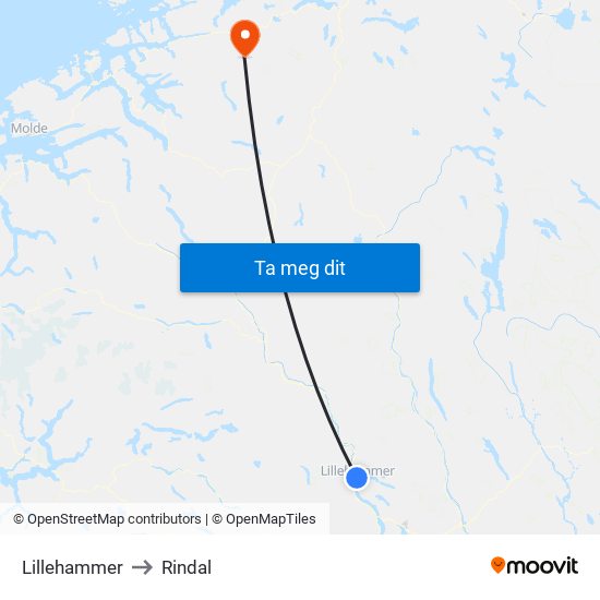 Lillehammer to Rindal map