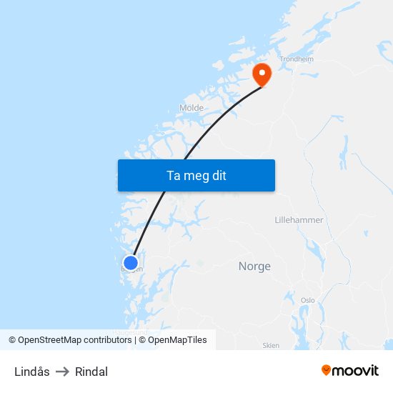 Lindås to Rindal map