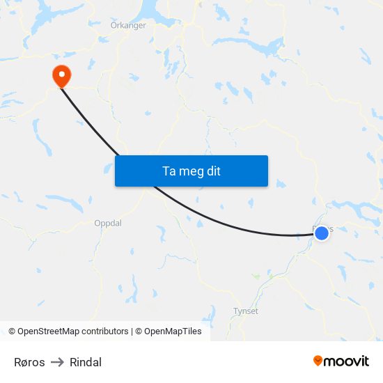 Røros to Rindal map