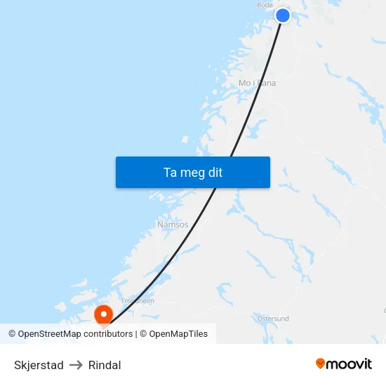 Skjerstad to Rindal map