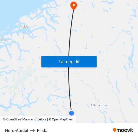 Nord-Aurdal to Rindal map