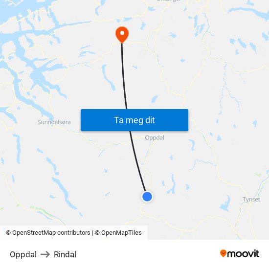 Oppdal to Rindal map