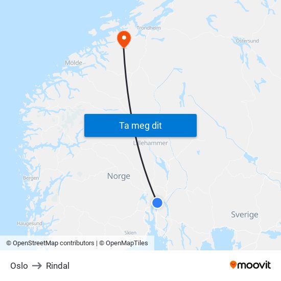 Oslo to Rindal map