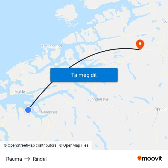 Rauma to Rindal map