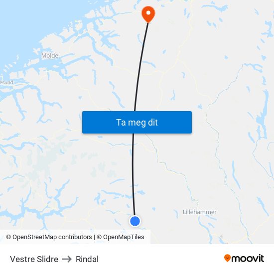 Vestre Slidre to Rindal map