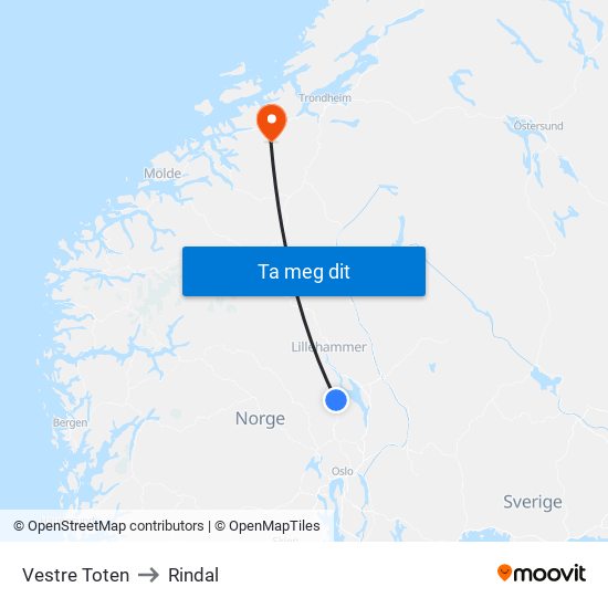 Vestre Toten to Rindal map