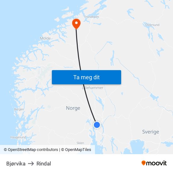 Bjørvika to Rindal map