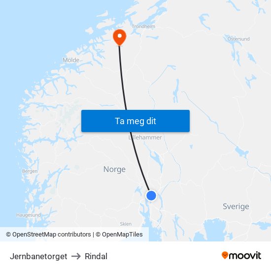 Jernbanetorget to Rindal map