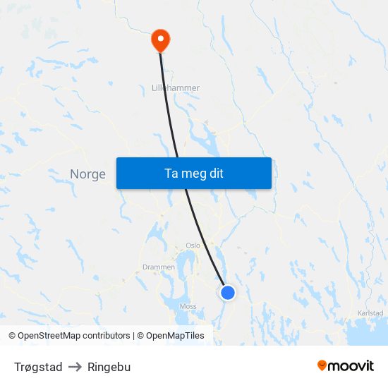 Trøgstad to Ringebu map