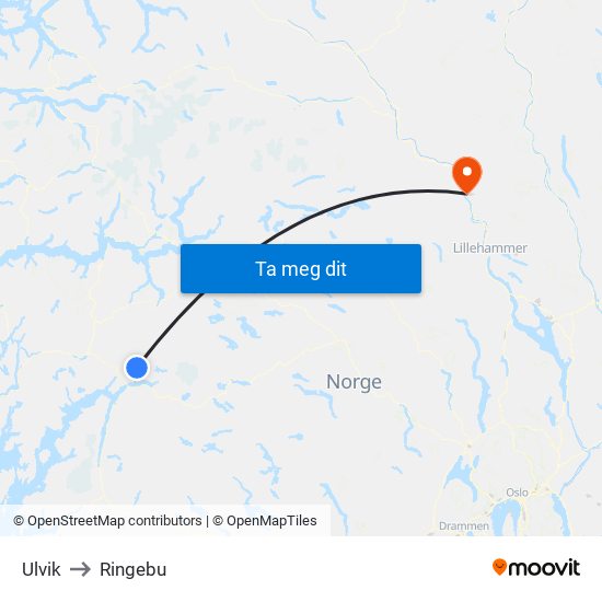 Ulvik to Ringebu map