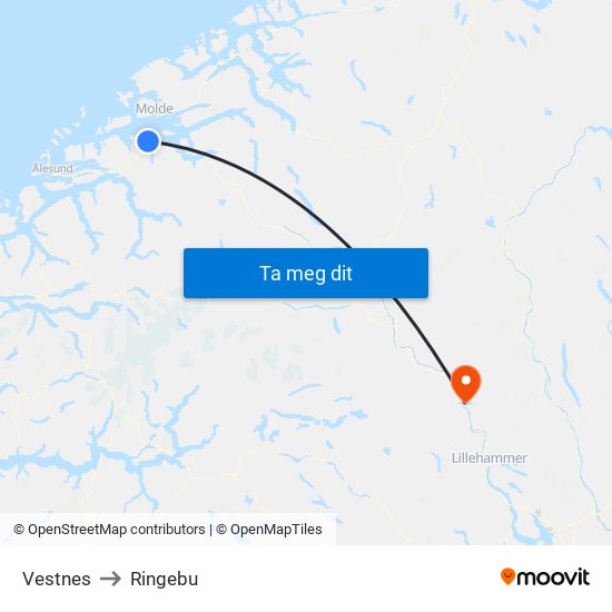 Vestnes to Ringebu map
