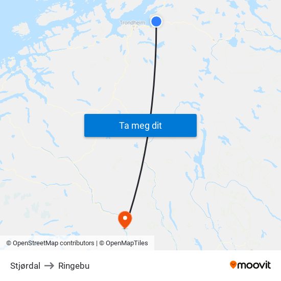 Stjørdal to Ringebu map