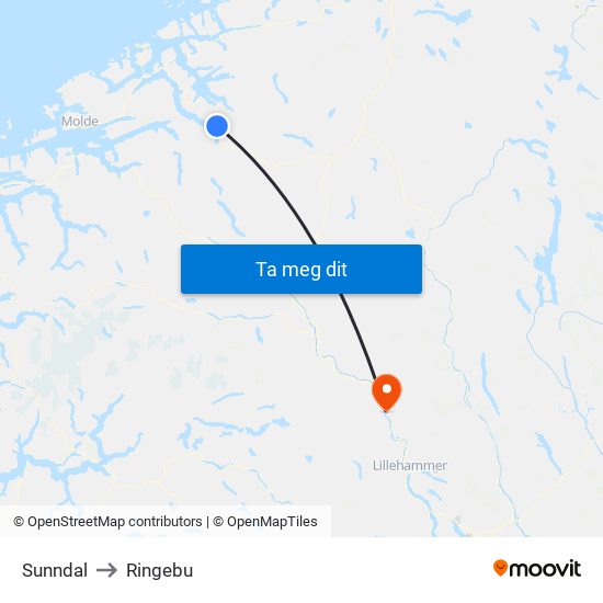 Sunndal to Ringebu map