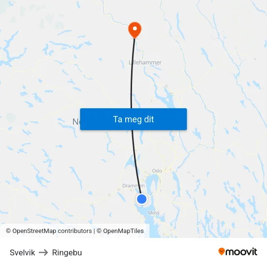 Svelvik to Ringebu map