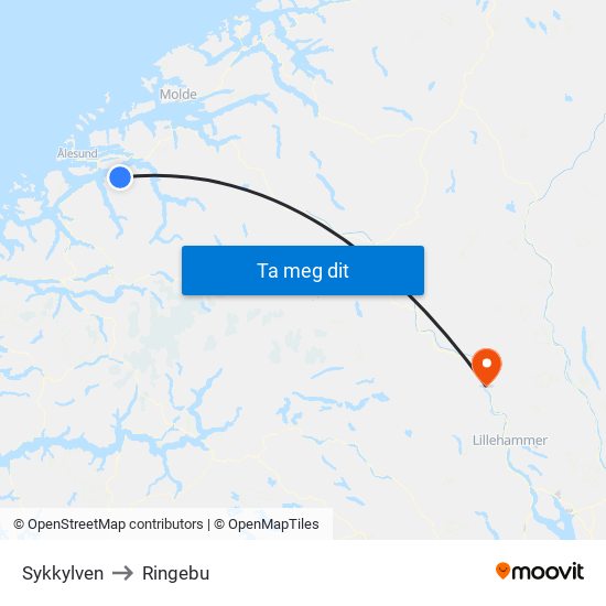 Sykkylven to Ringebu map