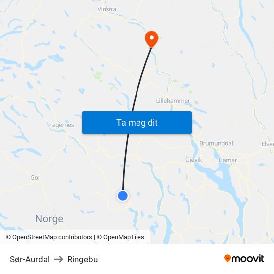 Sør-Aurdal to Ringebu map