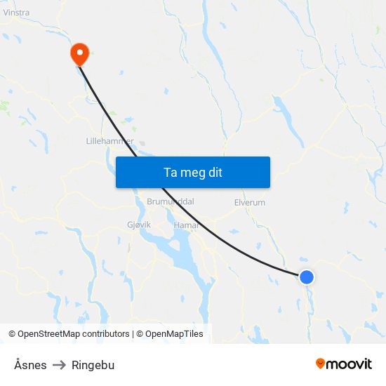 Åsnes to Ringebu map