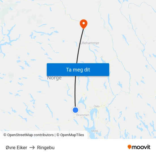 Øvre Eiker to Ringebu map