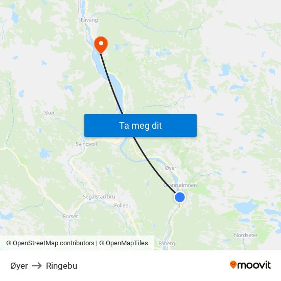 Øyer to Ringebu map
