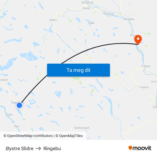 Øystre Slidre to Ringebu map