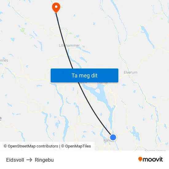 Eidsvoll to Ringebu map