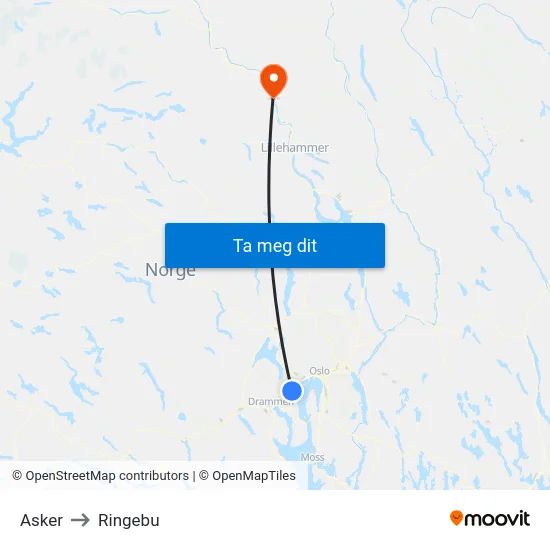 Asker to Ringebu map