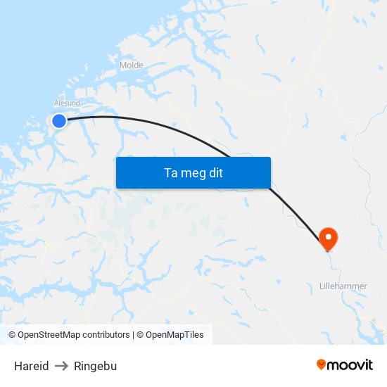 Hareid to Ringebu map