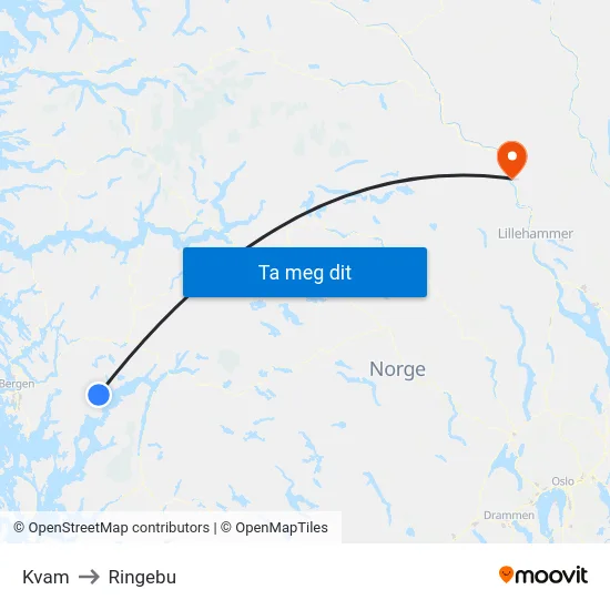Kvam to Ringebu map
