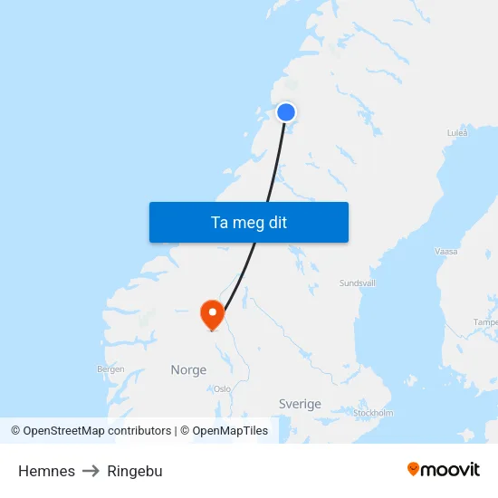Hemnes to Ringebu map