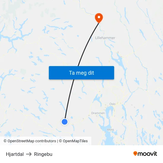 Hjartdal to Ringebu map