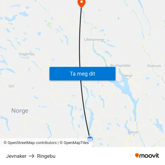 Jevnaker to Ringebu map