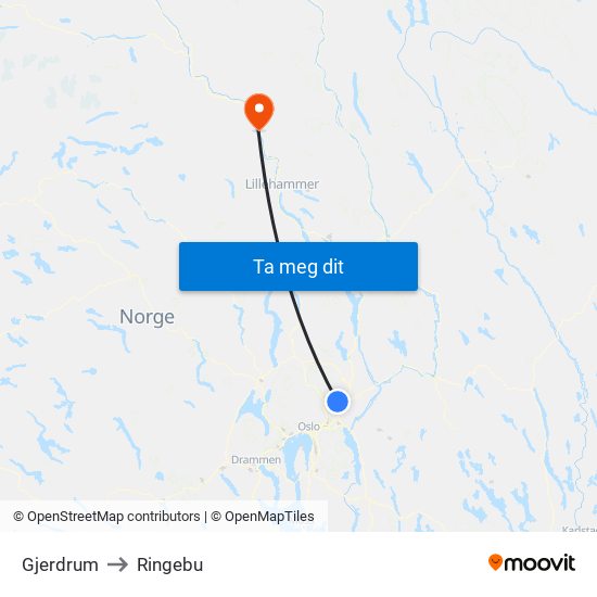 Gjerdrum to Ringebu map