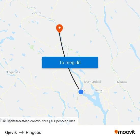 Gjøvik to Ringebu map