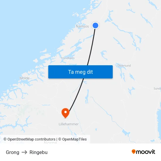 Grong to Ringebu map