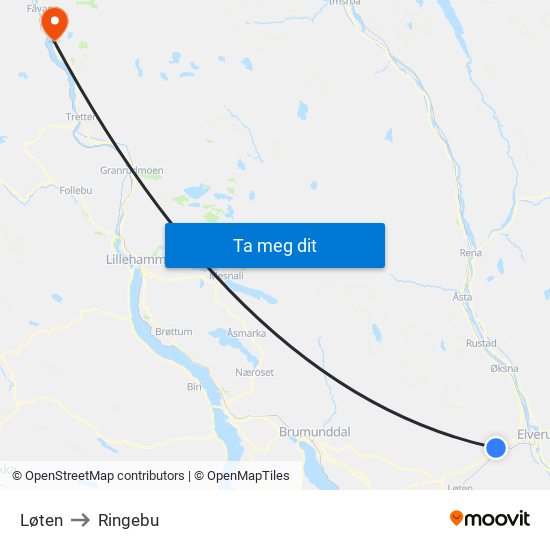 Løten to Ringebu map