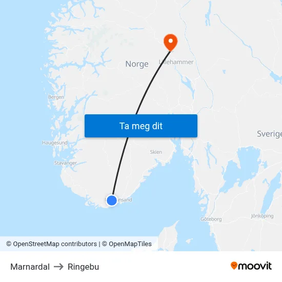 Marnardal to Ringebu map
