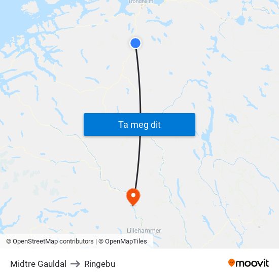 Midtre Gauldal to Ringebu map