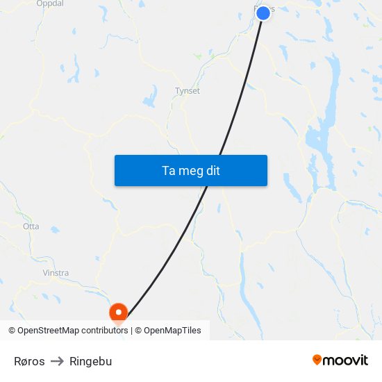 Røros to Ringebu map