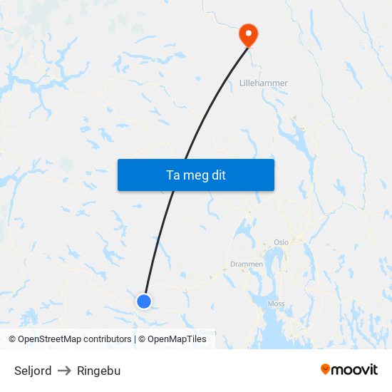 Seljord to Ringebu map