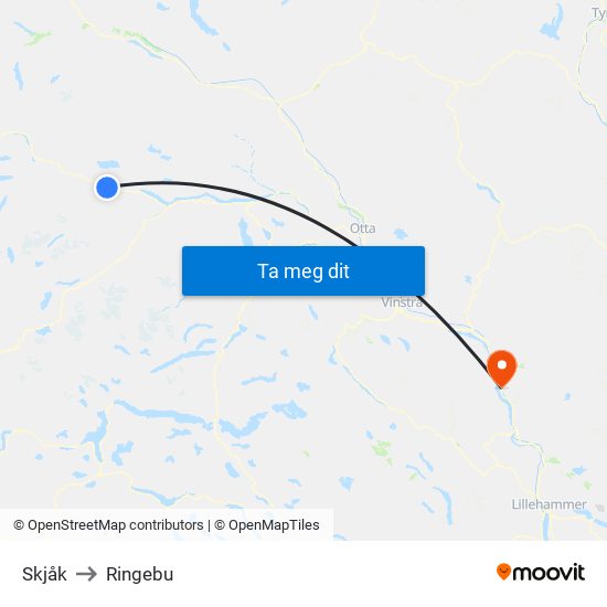 Skjåk to Ringebu map
