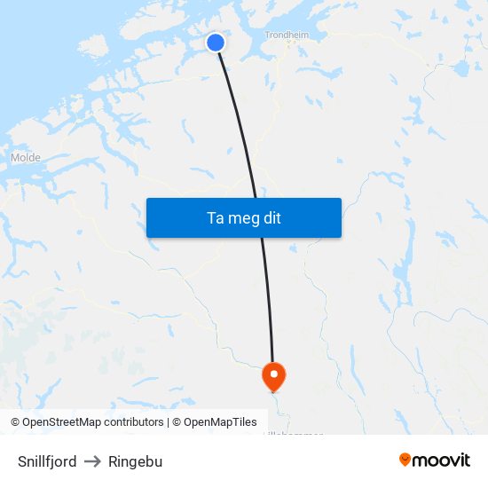 Snillfjord to Ringebu map