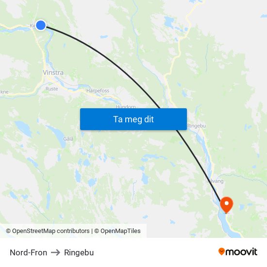 Nord-Fron to Ringebu map
