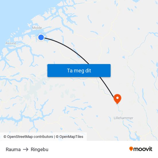 Rauma to Ringebu map