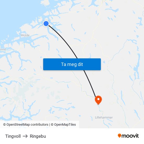 Tingvoll to Ringebu map