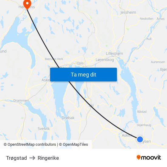 Trøgstad to Ringerike map