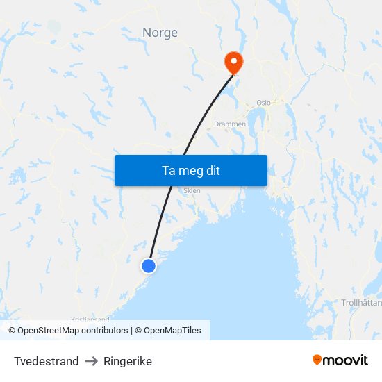 Tvedestrand to Ringerike map