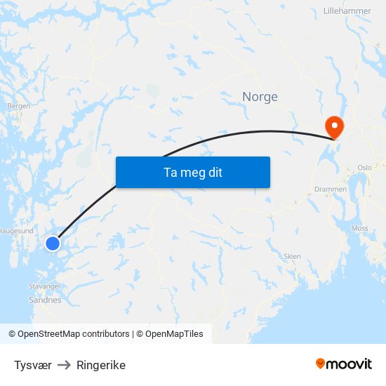 Tysvær to Ringerike map