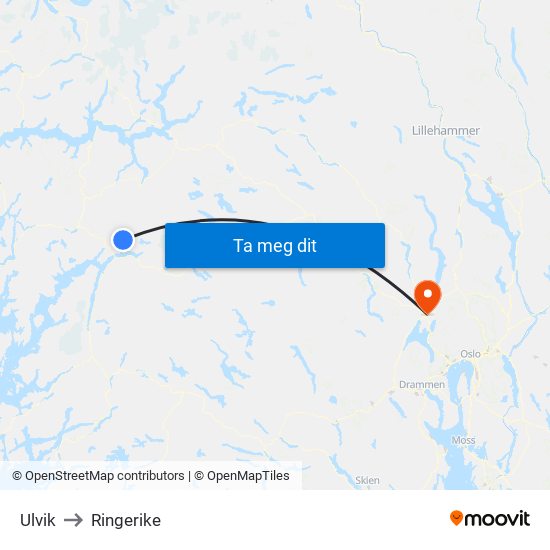 Ulvik to Ringerike map