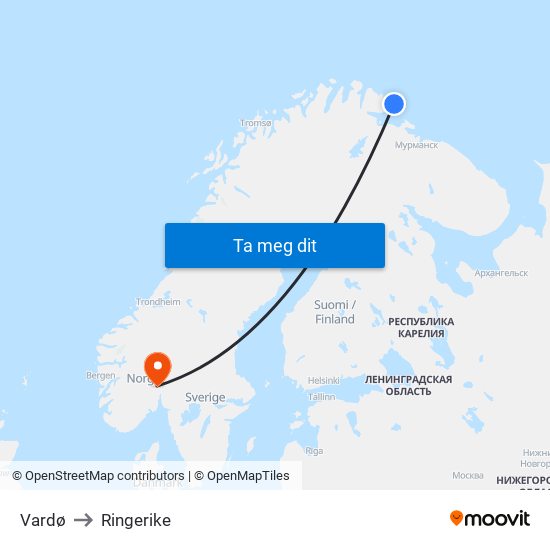 Vardø to Ringerike map