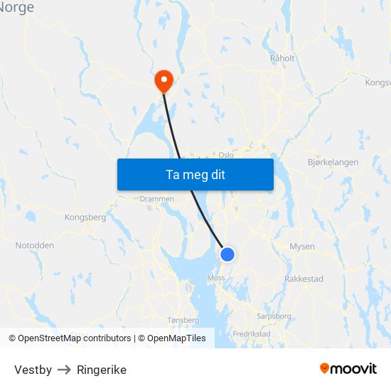 Vestby to Ringerike map